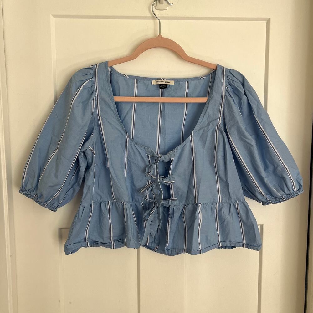 American Eagle Cropped Peplum Tie Front Cotton Shirt Small Blue White Stripe